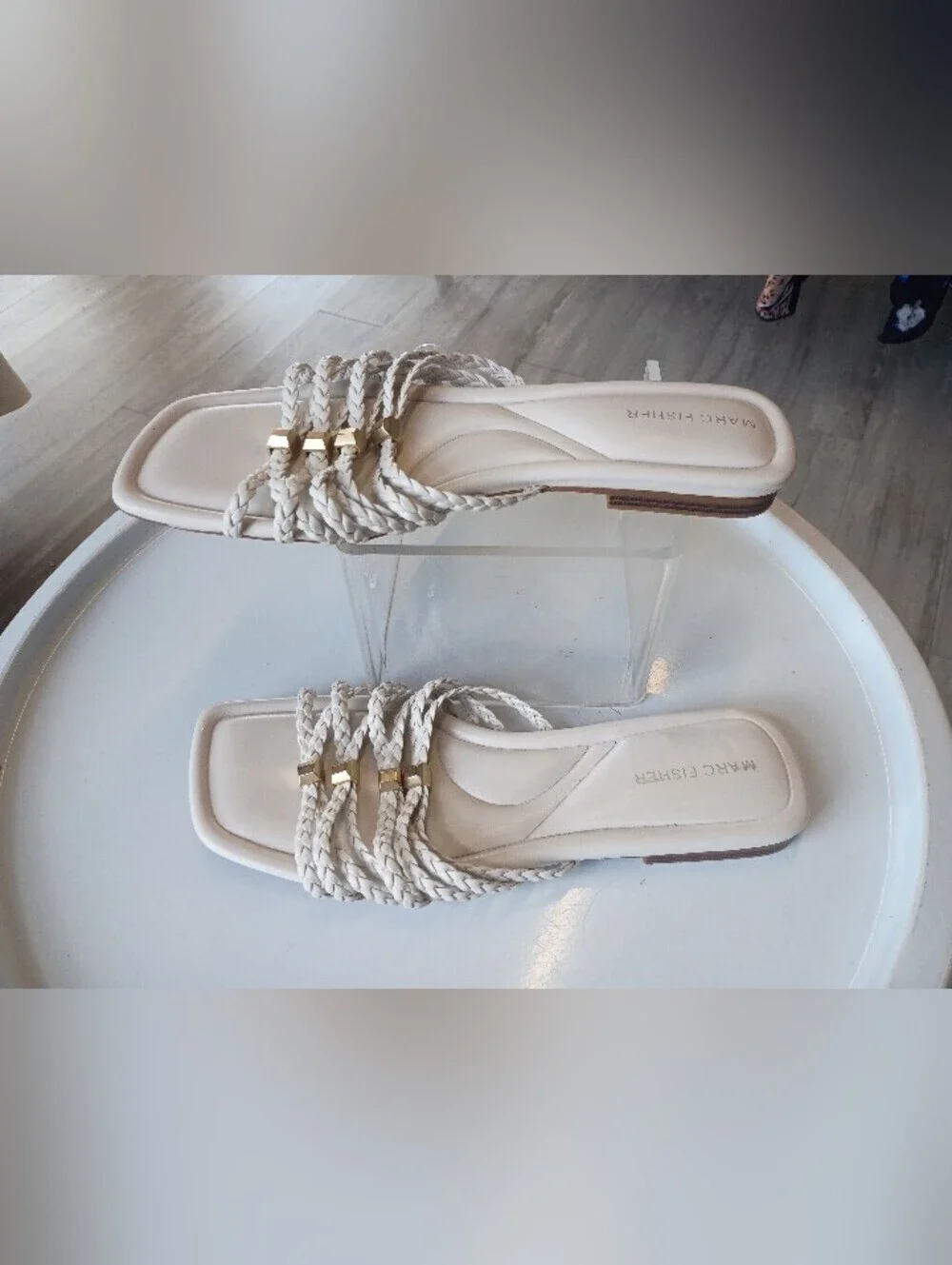 Woven Slide Sandal with Gold Accent - White